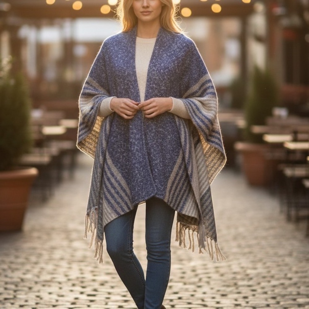 Raj Blue White Ultra Soft Fringe Poncho Women One Size NWOT